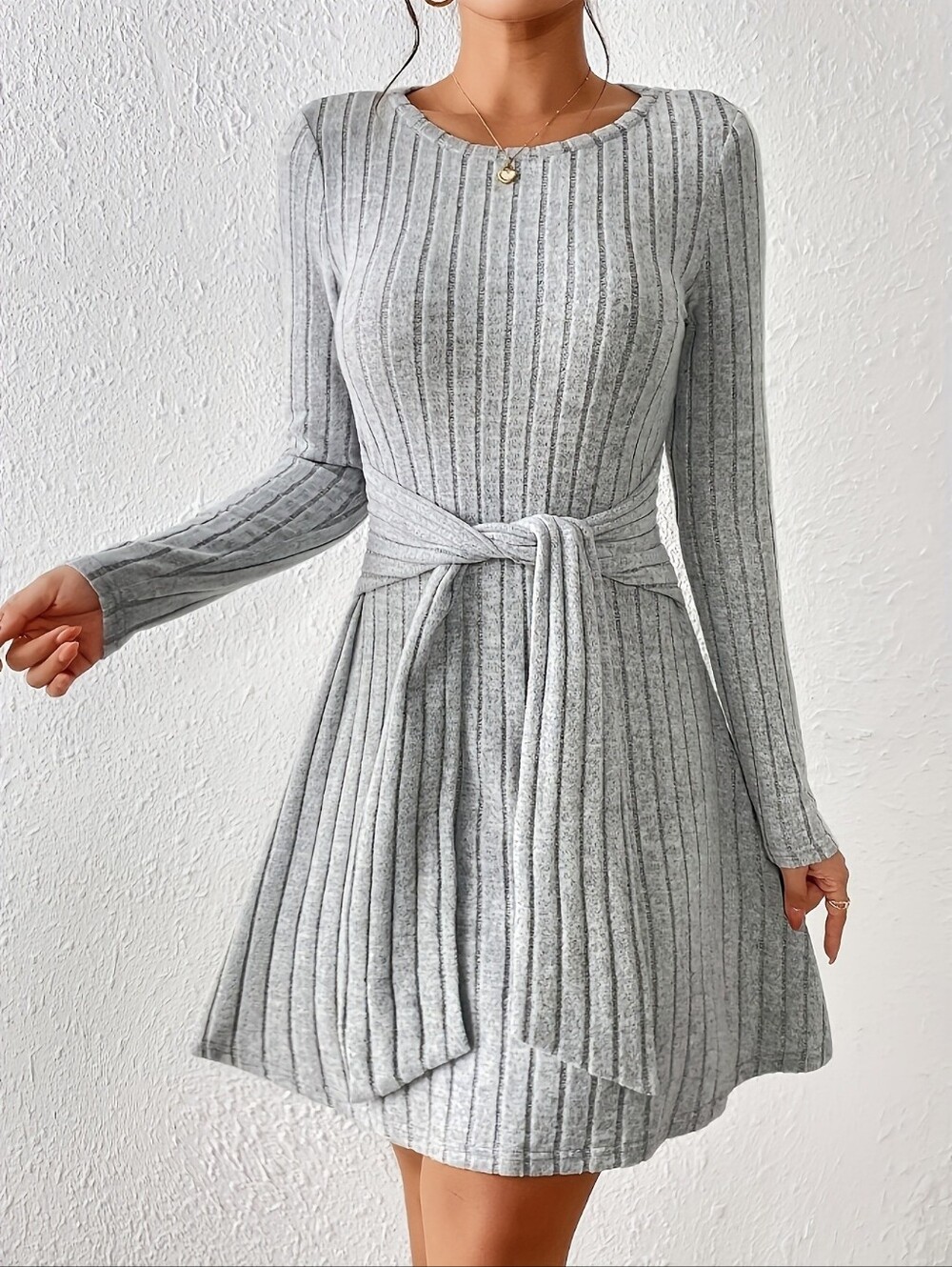 Knit Ribbed Long-Sleeve Tie-Waist Dress - Gray